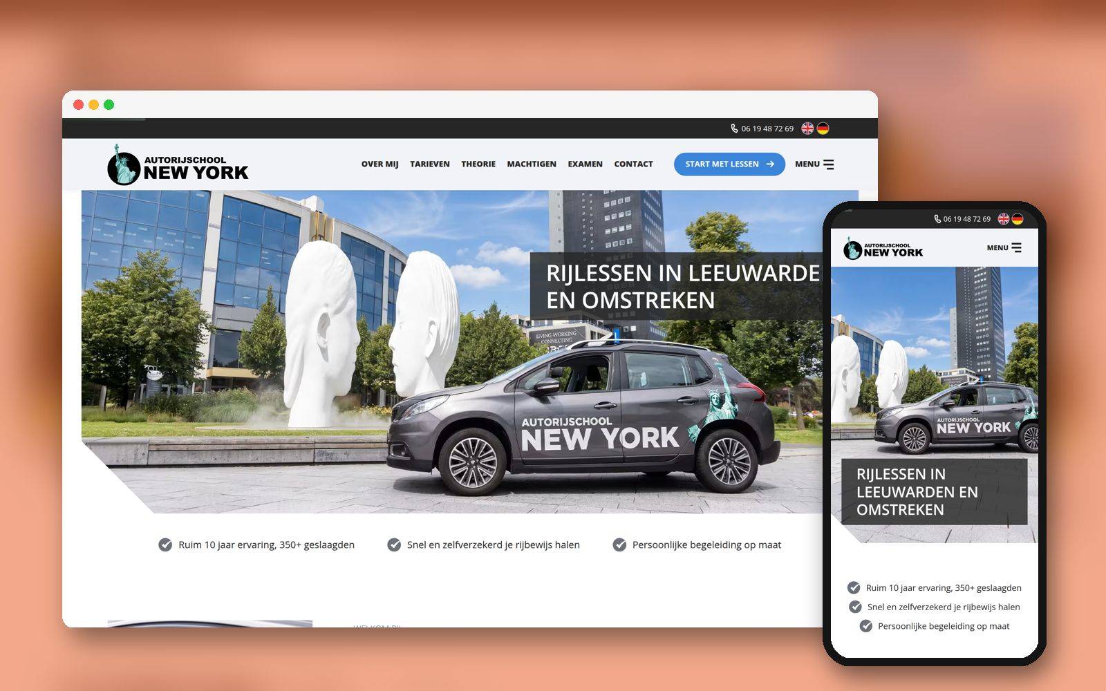 Website van Autorijschool New York op laptop en telefoon