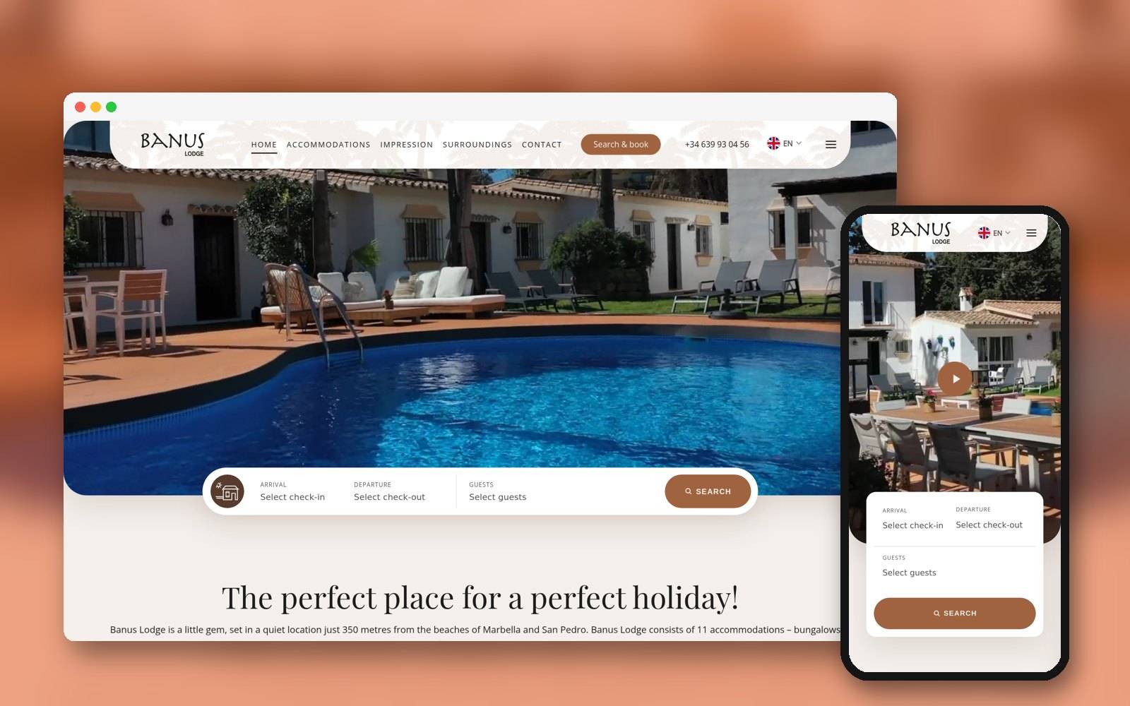 Website van Banus Lodge op laptop en telefoon