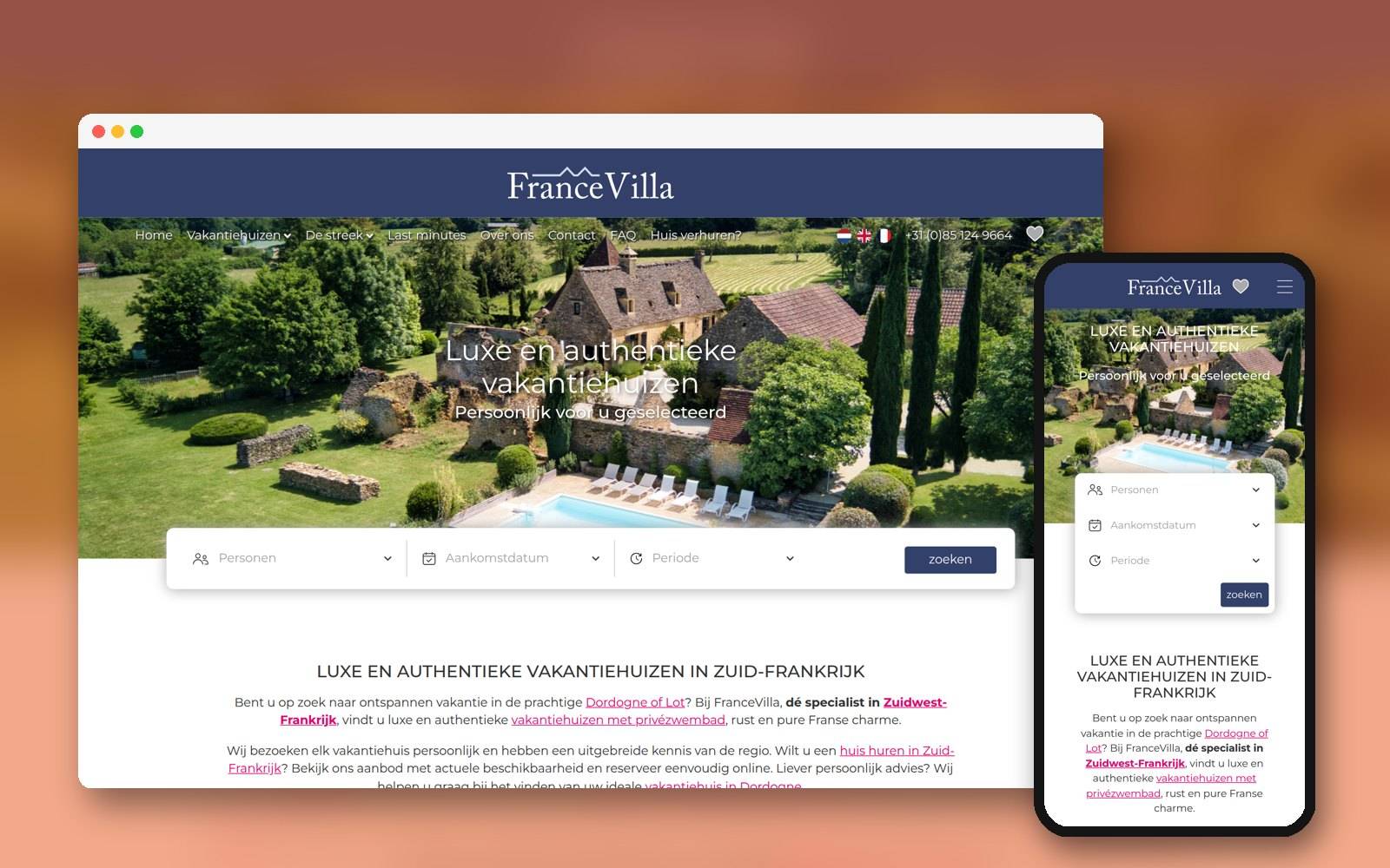 Website van FranceVilla op laptop en telefoon