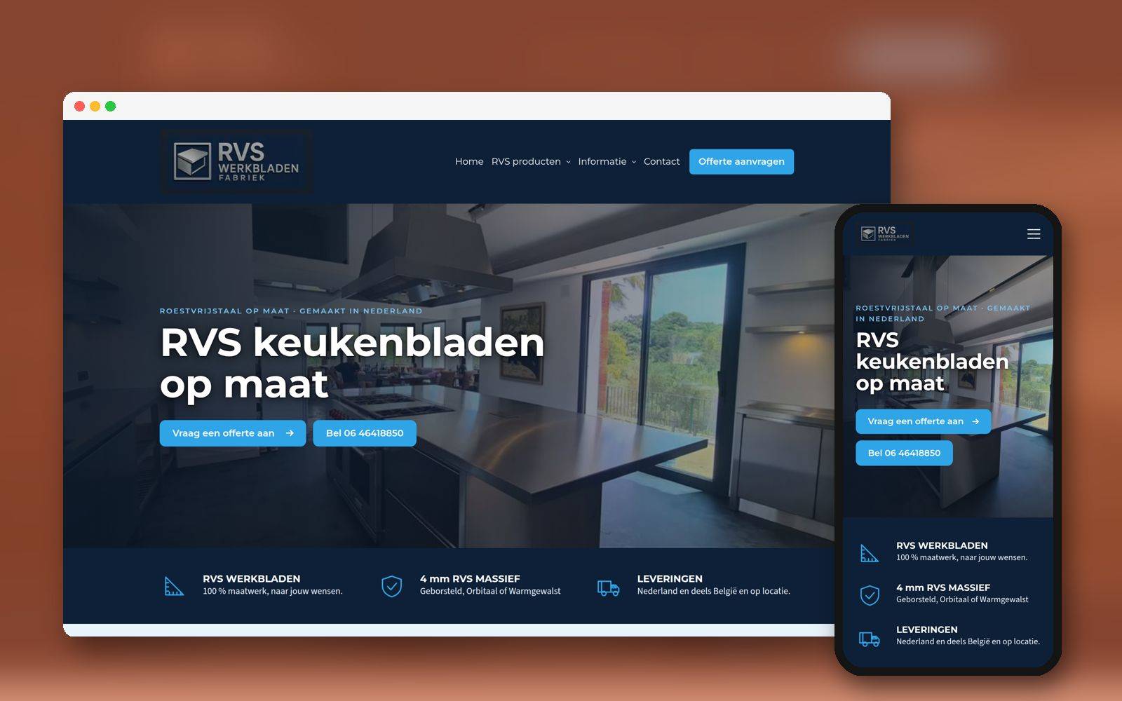 Website van RVS Werkbladen Fabriek op laptop en telefoon