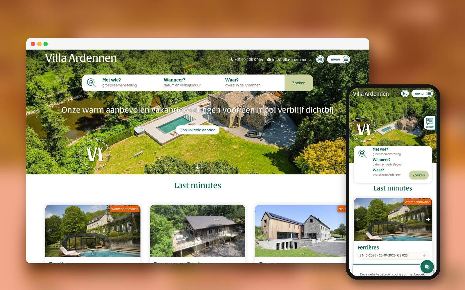 Website van Villa Ardennen op laptop en telefoon