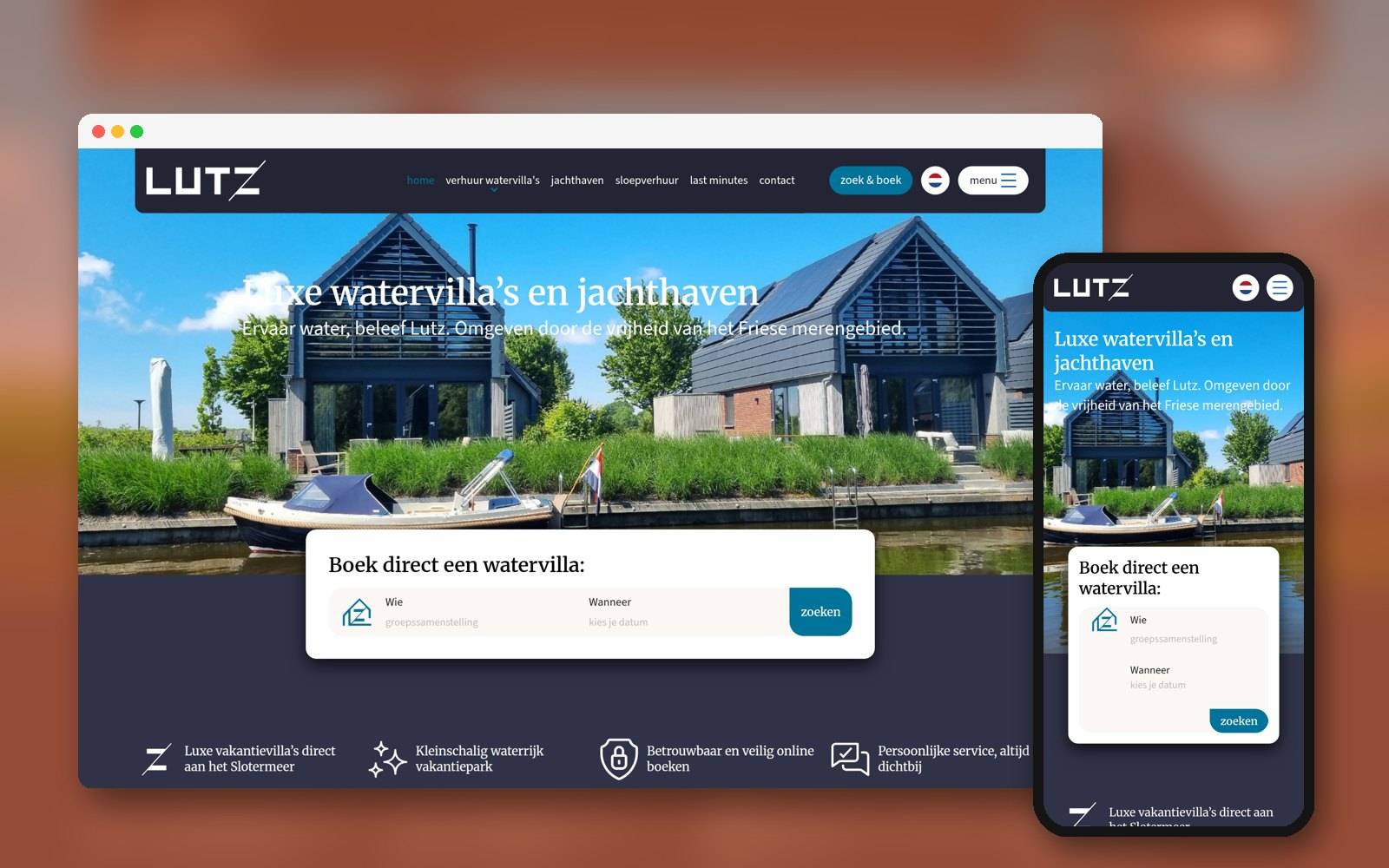 Website van Watervilla Lutz op laptop en telefoon